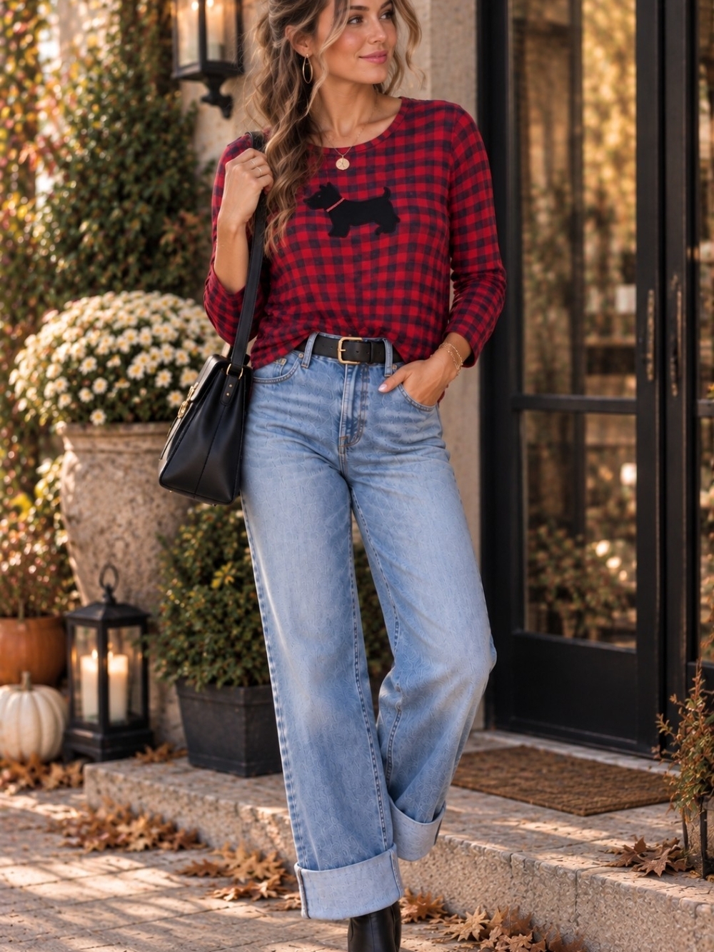 croft & barrow Scottie Scottish Dog Red Buffalo Plaid Shirt Top Cotton Large
